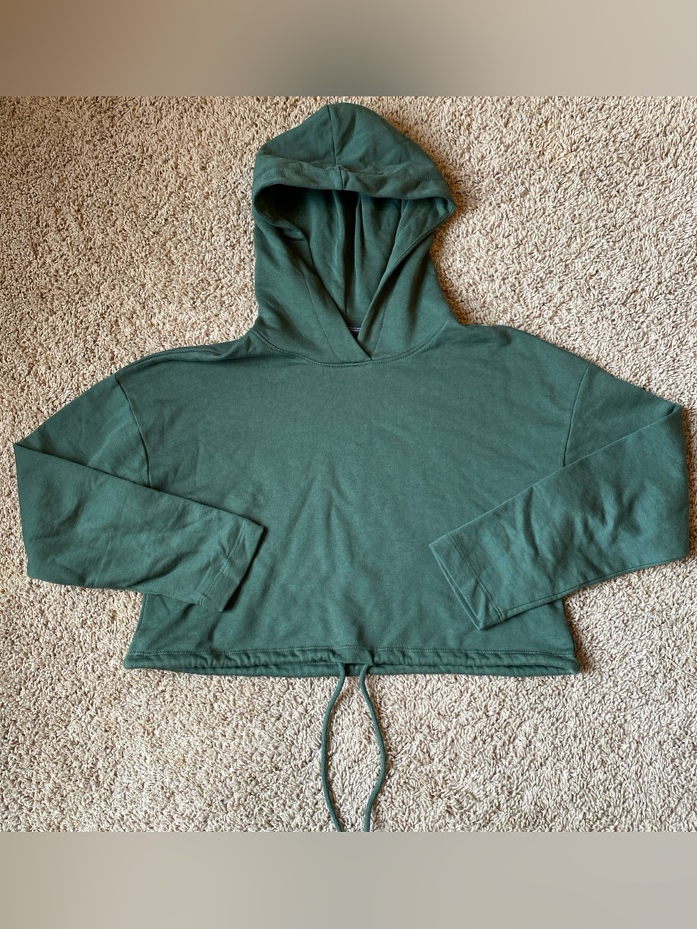 Zara Cropped Pullover Hoodie Womens S Green Fleece Long Sleeve Athleisure Cozy